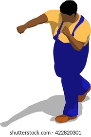 Street fighter hitting with a fist to head. African fat man in a blue overalls and a yellow t-shirt. 3d flat isometric.