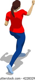 Street fighter hitting with a fist to head. Young athletic woman in red t-shirt and blue tights. 3d flat isometric.