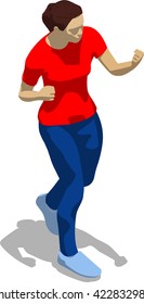 Street fighter hitting with a fist to head. Young athletic woman in red t-shirt and blue tights. 3d flat isometric.