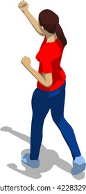 Street fighter hitting with a fist to head. Young athletic woman in red t-shirt and blue tights. 3d flat isometric.