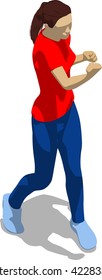 Street fighter hitting with a fist to head. Young athletic woman in red t-shirt and blue tights. 3d flat isometric.