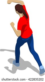 Street fighter hitting with a fist to head. Young athletic woman in red t-shirt and blue tights. 3d flat isometric.