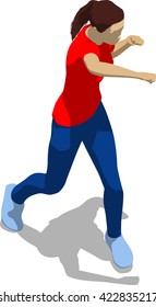 Street fighter hitting with a fist to head. Young athletic woman in red t-shirt and blue tights. 3d flat isometric.