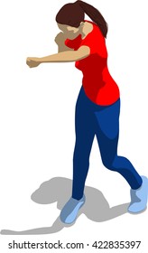 Street fighter hitting with a fist to head. Young athletic woman in red t-shirt and blue tights. 3d flat isometric.