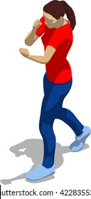 Street fighter hitting with a fist to head. Young athletic woman in red t-shirt and blue tights. 3d flat isometric.