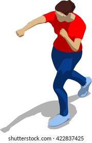 Street fighter hitting with a fist to head. Young athletic woman in red t-shirt and blue tights. 3d flat isometric.