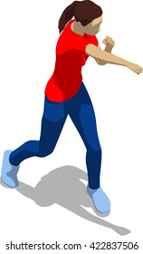 Street fighter hitting with a fist to head. Young athletic woman in red t-shirt and blue tights. 3d flat isometric.