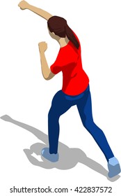 Street fighter hitting with a fist to head. Young athletic woman in red t-shirt and blue tights. 3d flat isometric.