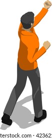 Street fighter hitting with a fist to head. Young thin man in orange shirt. 3d flat isometric.
