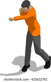 Street fighter hitting with a fist to head. Young thin man in orange shirt. 3d flat isometric.