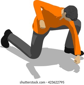 Street fighter hitting with a fist to head. Young thin man in orange shirt. 3d flat isometric.