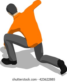Street fighter hitting with a fist to head. Young thin man in orange shirt. 3d flat isometric.