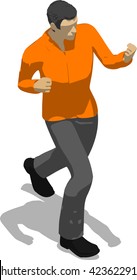 Street fighter hitting with a fist to head. Young thin man in orange shirt. 3d flat isometric.