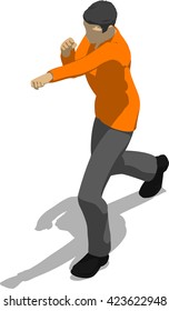 Street fighter hitting with a fist to head. Young thin man in orange shirt. 3d flat isometric.