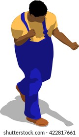 Street fighter hitting with a fist to trunk. African fat man in a blue overalls and a yellow t-shirt. 3d flat isometric.