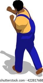 Street fighter hitting with a fist to trunk. African fat man in a blue overalls and a yellow t-shirt. 3d flat isometric.