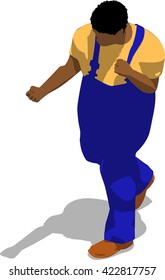 Street fighter hitting with a fist to trunk. African fat man in a blue overalls and a yellow t-shirt. 3d flat isometric.