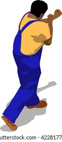 Street fighter hitting with a fist to trunk. African fat man in a blue overalls and a yellow t-shirt. 3d flat isometric.