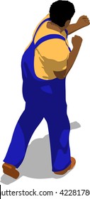 Street fighter hitting with a fist to trunk. African fat man in a blue overalls and a yellow t-shirt. 3d flat isometric.
