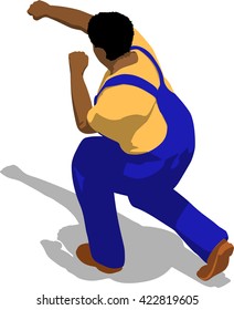 Street fighter hitting with a fist to trunk. African fat man in a blue overalls and a yellow t-shirt. 3d flat isometric.