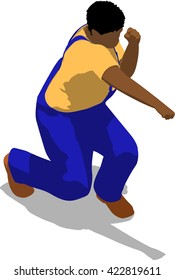 Street fighter hitting with a fist to trunk. African fat man in a blue overalls and a yellow t-shirt. 3d flat isometric.