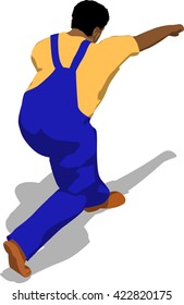 Street fighter hitting with a fist to trunk. African fat man in a blue overalls and a yellow t-shirt. 3d flat isometric.