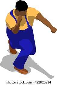 Street fighter hitting with a fist to trunk. African fat man in a blue overalls and a yellow t-shirt. 3d flat isometric.