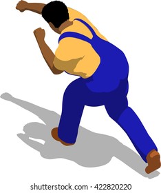 Street fighter hitting with a fist to trunk. African fat man in a blue overalls and a yellow t-shirt. 3d flat isometric.