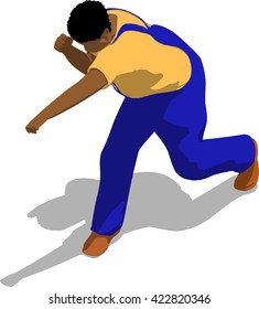 Street fighter hitting with a fist to trunk. African fat man in a blue overalls and a yellow t-shirt. 3d flat isometric.