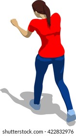 Street fighter hitting with a fist to trunk. Young athletic woman in red t-shirt and blue tights. 3d flat isometric.