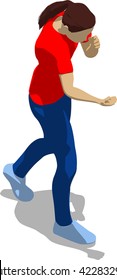 Street fighter hitting with a fist to trunk. Young athletic woman in red t-shirt and blue tights. 3d flat isometric.