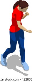 Street fighter hitting with a fist to trunk. Young athletic woman in red t-shirt and blue tights. 3d flat isometric.