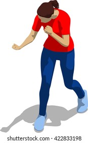 Street fighter hitting with a fist to trunk. Young athletic woman in red t-shirt and blue tights. 3d flat isometric.