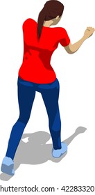 Street fighter hitting with a fist to trunk. Young athletic woman in red t-shirt and blue tights. 3d flat isometric.