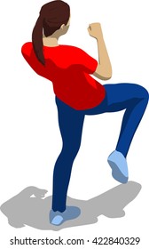 Street fighter kicking with a knee to leg. Young athletic woman in red t-shirt and blue tights. 3d flat isometric.