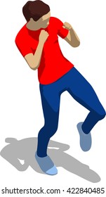 Street fighter kicking with a knee to leg. Young athletic woman in red t-shirt and blue tights. 3d flat isometric.