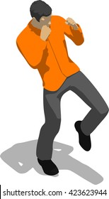 Street fighter kicking with a knee to leg. Young thin man in orange shirt. 3d flat isometric.