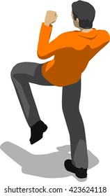 Street fighter kicking with a knee to leg. Young thin man in orange shirt. 3d flat isometric.