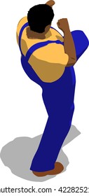 Street fighter kicking with a knee to trunk. African fat man in a blue overalls and a yellow t-shirt. 3d flat isometric.