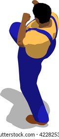 Street fighter kicking with a knee to trunk. African fat man in a blue overalls and a yellow t-shirt. 3d flat isometric.