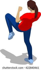 Street fighter kicking with a knee to trunk. Young athletic woman in red t-shirt and blue tights. 3d flat isometric.