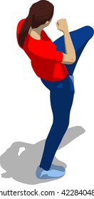 Street fighter kicking with a knee to trunk. Young athletic woman in red t-shirt and blue tights. 3d flat isometric.