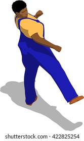 Street fighter kicking with a leg to leg. African fat man in a blue overalls and a yellow t-shirt. 3d flat isometric.