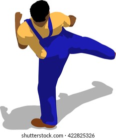 Street fighter kicking with a leg to leg. African fat man in a blue overalls and a yellow t-shirt. 3d flat isometric.