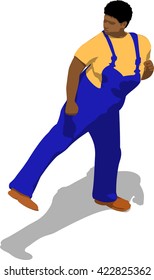 Street fighter kicking with a leg to leg. African fat man in a blue overalls and a yellow t-shirt. 3d flat isometric.