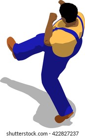 Street fighter kicking with a leg to leg. African fat man in a blue overalls and a yellow t-shirt. 3d flat isometric.