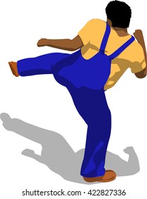 Street fighter kicking with a leg to leg. African fat man in a blue overalls and a yellow t-shirt. 3d flat isometric.