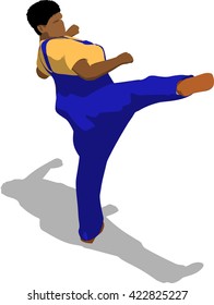 Street fighter kicking with a leg to head. African fat man in a blue overalls and a yellow t-shirt. 3d flat isometric.