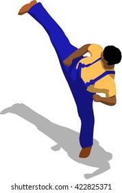 Street fighter kicking with a leg to head. African fat man in a blue overalls and a yellow t-shirt. 3d flat isometric.