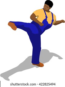 Street fighter kicking with a leg to head. African fat man in a blue overalls and a yellow t-shirt. 3d flat isometric.